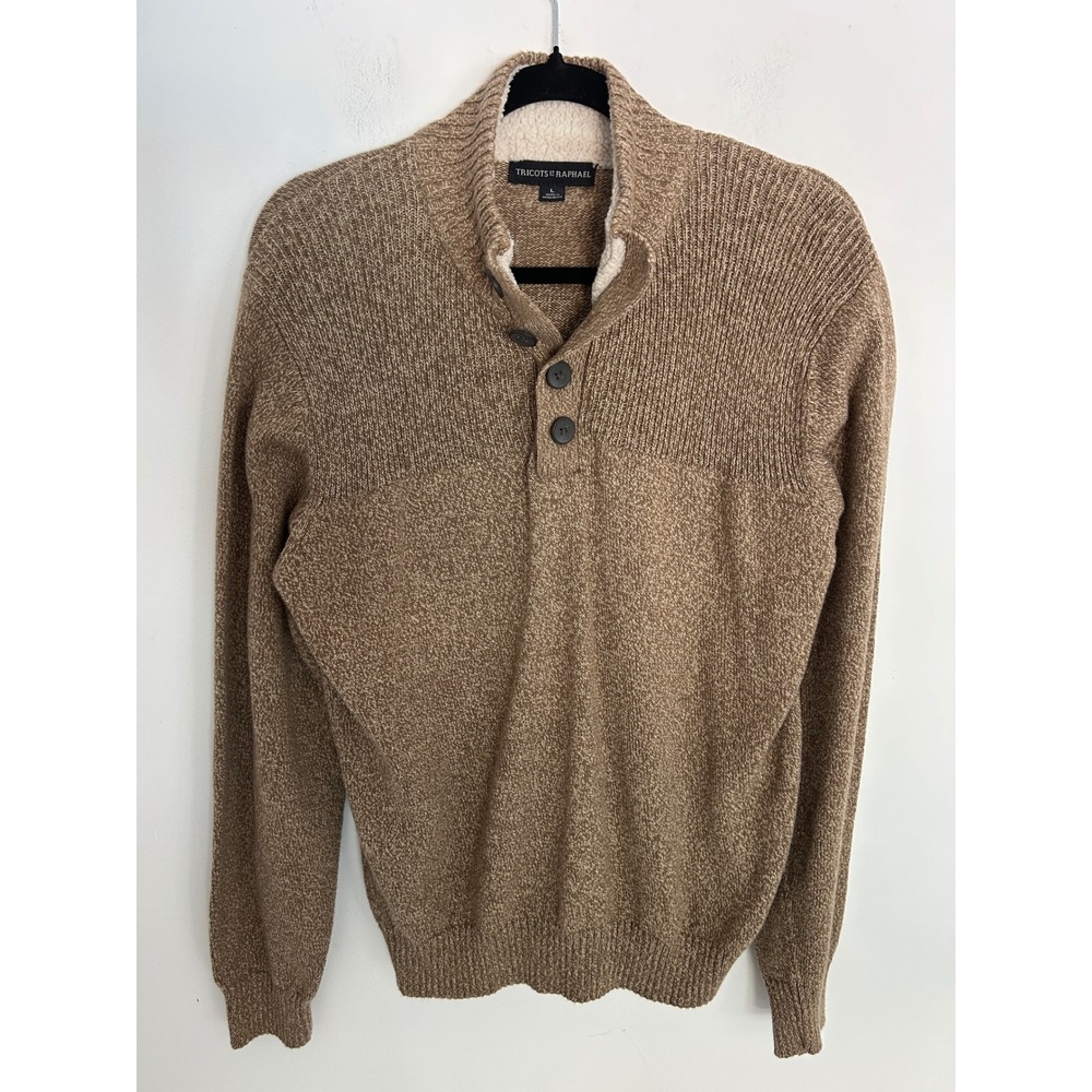 Tricots St Raphael Mens Preppy Brown Cotton Mock Neck Sweater Faux Shearling‎ L